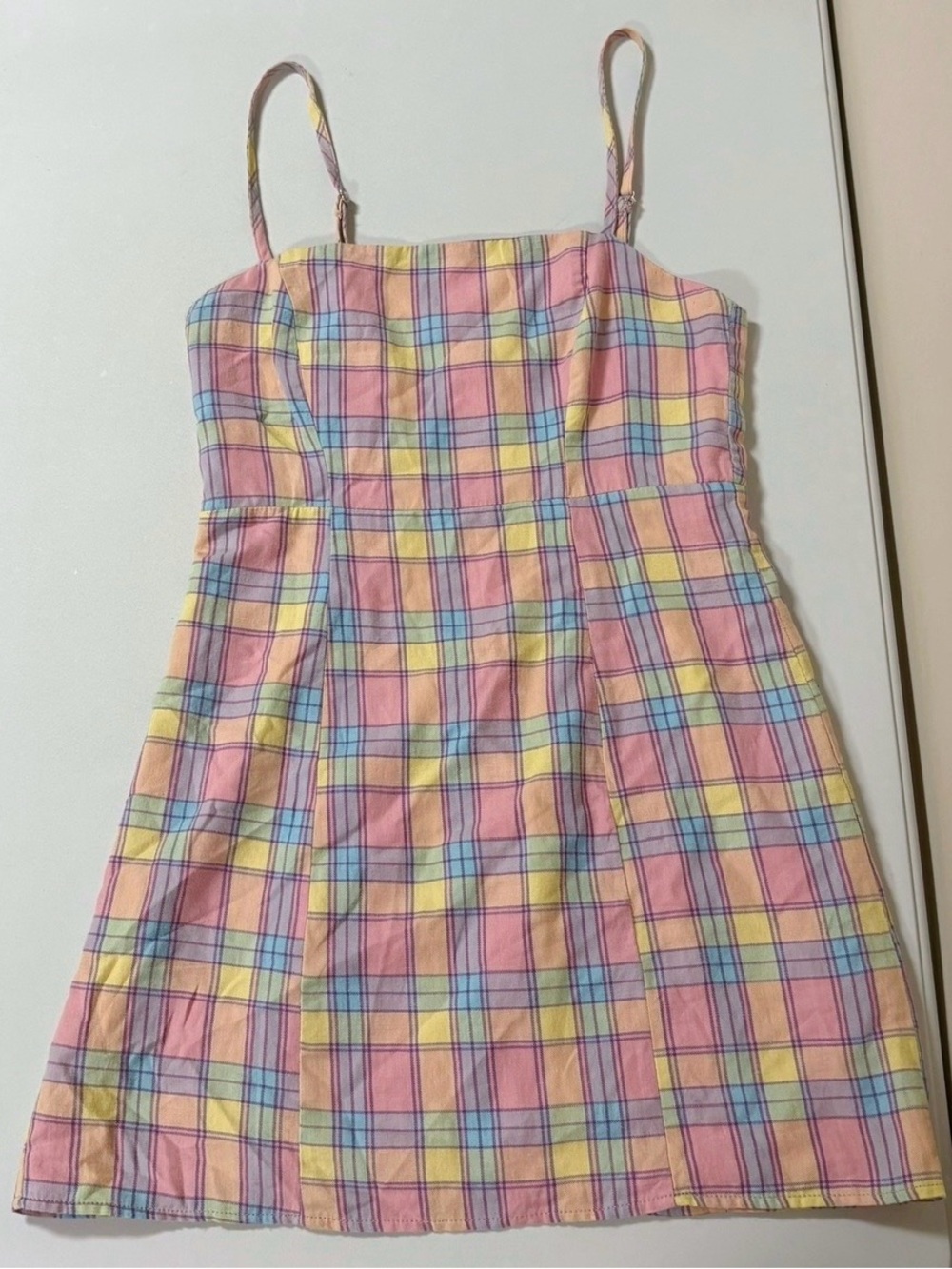 Pink Yellow Pastel Plaid Spaghetti Strap Mini Dress Size S 🎀✨ #dress #preppy